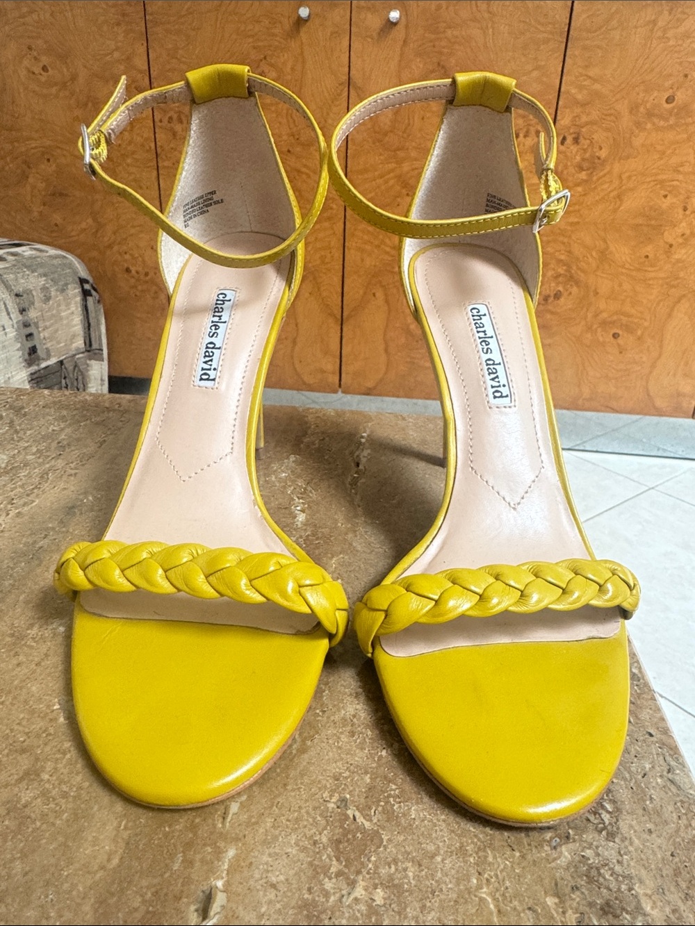 Charles David Yellow Braided Ankle-Strap Heels